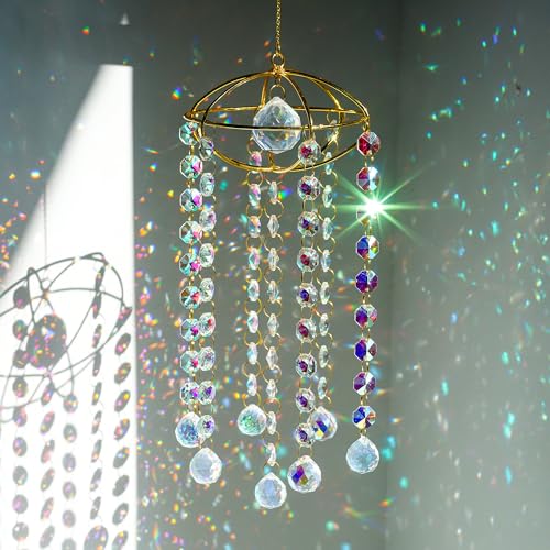 Gold Suncatcher Crystal Ball Prisms Beads Windchime Garden Window Decor