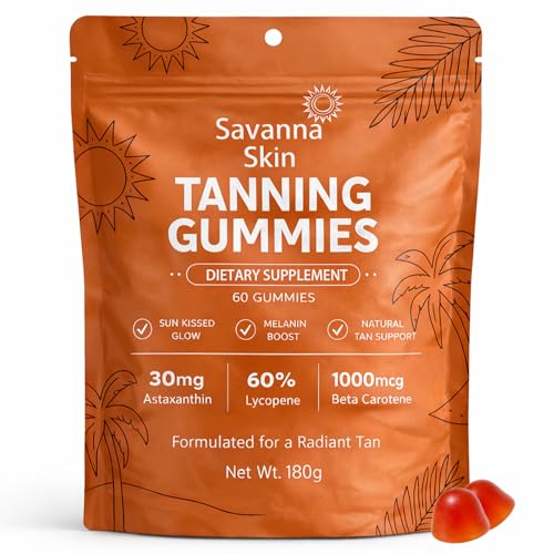 DXWXH Savanna Skin Tanning Gummies with Vitamin C & E Astaxanthin Beta Carotene Skin Radiance & Hydration for Natural Looking Glow Bronzing Non-GMO Vegan & Sugar Free - 60 Count (1)