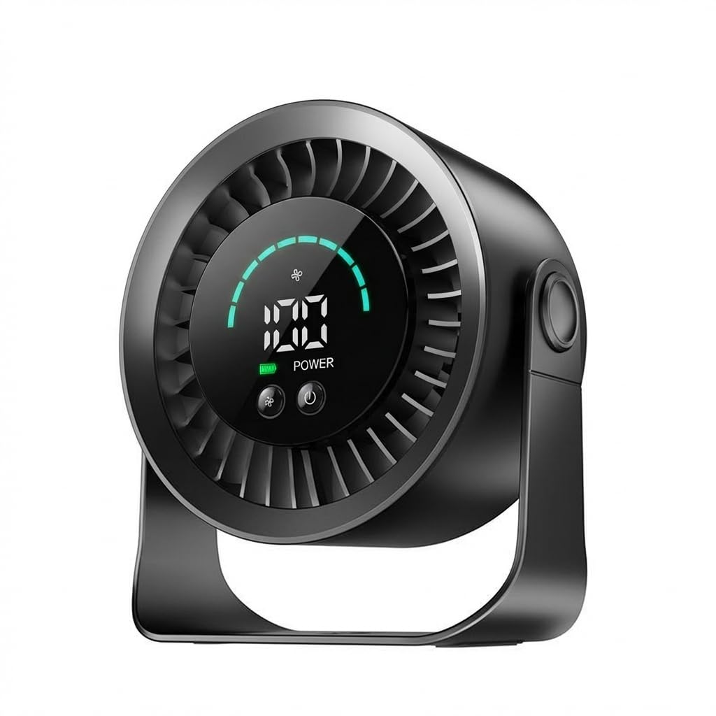 Refluxe Mini Desk Fan, Small USB Rechargeable Quiet Desktop Fan, Cooling Table Electric Fan with LED Digital Display, 360°Adjustable Tilt for Bedroom, Office & Home (Black)