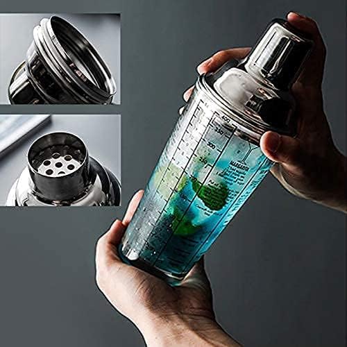 FLOW Barware Glass Cocktail Shaker with Recipes On Side | Glass Cocktail Making Set Includes Cocktail Measuring Glass, Strainer & Recipes All in One Cocktail Shaker Set