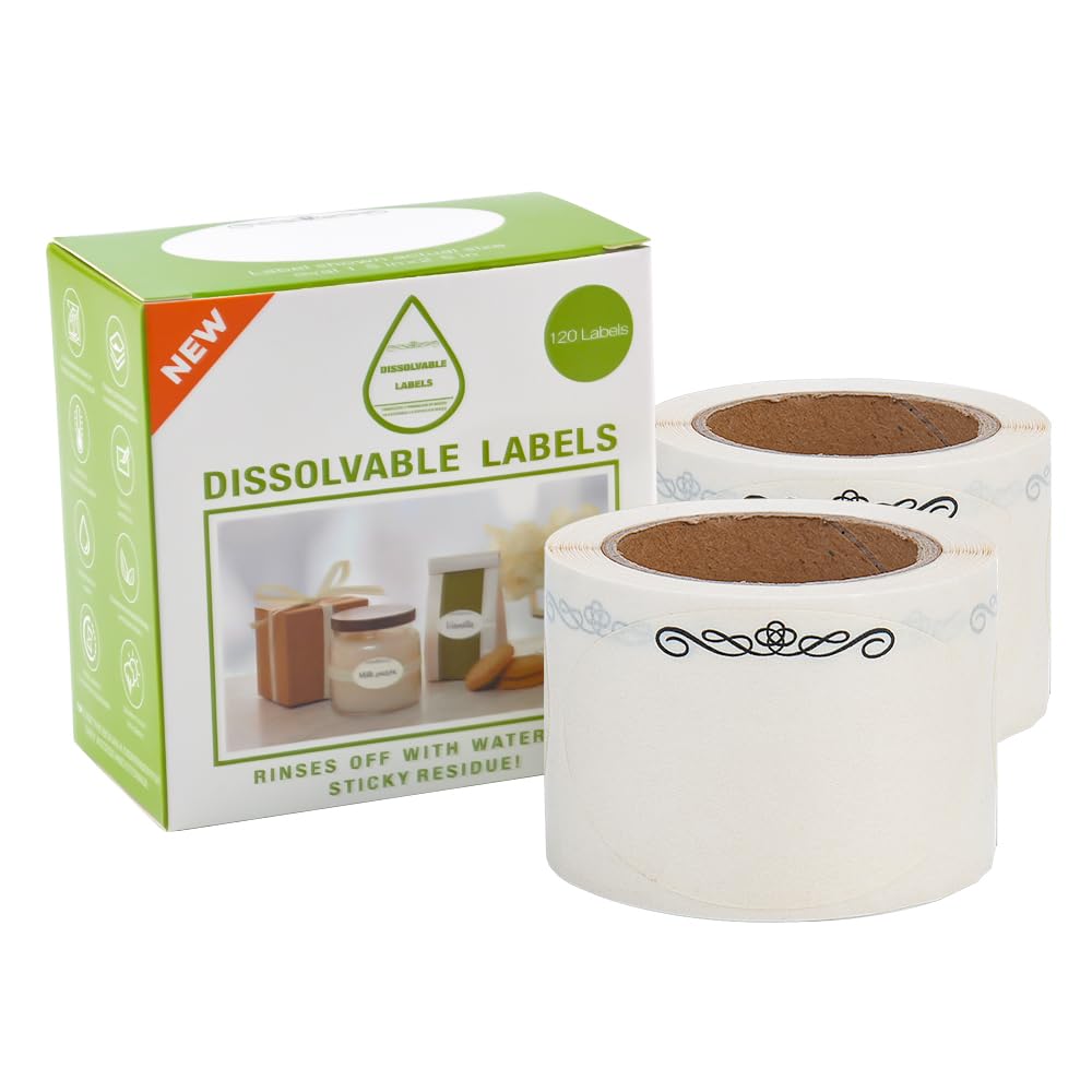L LIKED 240 etiquetas adhesivas solubles para contenedores de alimentos de 1 1/2 x 2 1/2 pulgadas, etiquetas de conservas para tarros (rollo de 120) (2 rollos)