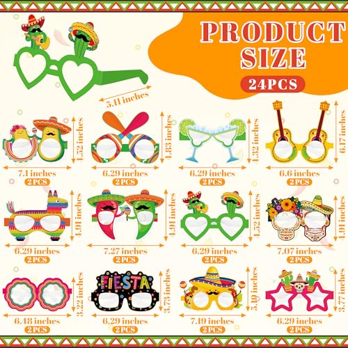 24PCS Cinco de Mayo Decorations, Fiesta Party Decorations Mexican Cardboard Eyeglasses, Cinco de Mayo Glasses Photo Booth Props Costume Accessories for Taco Twosday Fiesta Party Favors Decor