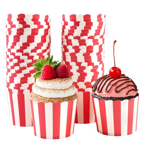 Xyvor 50 Stück Muffinförmchen Papier, Muffin Förmchen, Cupcake Backbecher Papierkuchen, Muffins Papierförmchen, Cupcake Wrappers, für Geburtstage, Hochzeiten, Partys (Rot und Weiß)