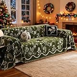 DREAMINGO Green Floral Couch Cover Farmhouse Botanical Jacquard Sofa Covers for 3 Cushion Couch Cozy Chenille Living Room Furniture Futon Sectional Sofa Slipcovers Washable, X-Large 71'x134'