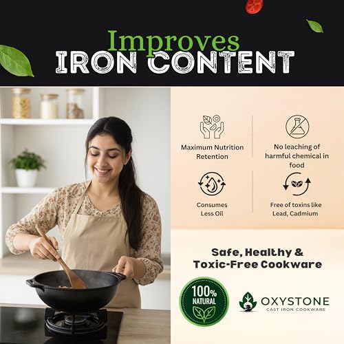 Image of kyyte OxyStone Pre-Seasoned Cast Iron Kadhai with 2 Loop Handle 26 cm Dia,3 Liter Capacity,Naturally Nonstick Cast Iron Kadai, 100% Pure and Toxin-Free,No Chemical Coating,Gas,Induction,OTG Friendly.