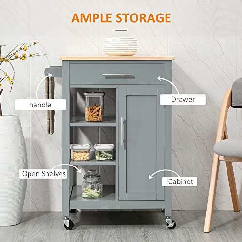 HOMCOM Kitchen Island Cart, Rolling Kitchen Island with Storage Shelf, Solid Wood Top, Drawer, for Dining Room, Gray