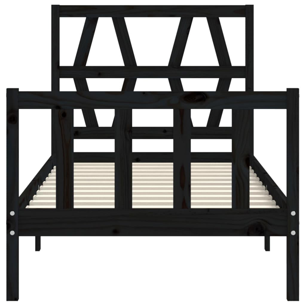 lite drewno sosnowe z wezgłowiem i zanóżkiem 75x190 cm czarny | Rama łóżka z wezgłowiem i zanóżkiem, czarna, lite drewno sosnowe, 195,5x80,5x100 cm, listwy ze sklejki, do sypialni, bez