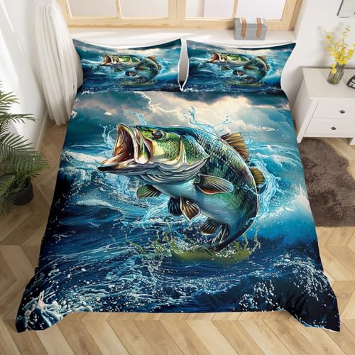 Homemissing Pike Poisson Sets de Housse de Couette Bass Big Poisson Housse de Couette pour Enfants Garçon Fille Decor Pêche et Chasse Parure de Lit 140x200cm Mer...
