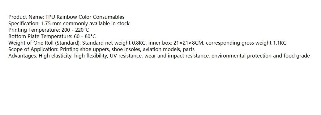 85A TPU Regenbogen-Weichmaterial, 1 kg, 3D-Druckfilament, mehrfarbig, Regenbogen-Farbverlauf, weiches Material, TPU, 1,75 mm