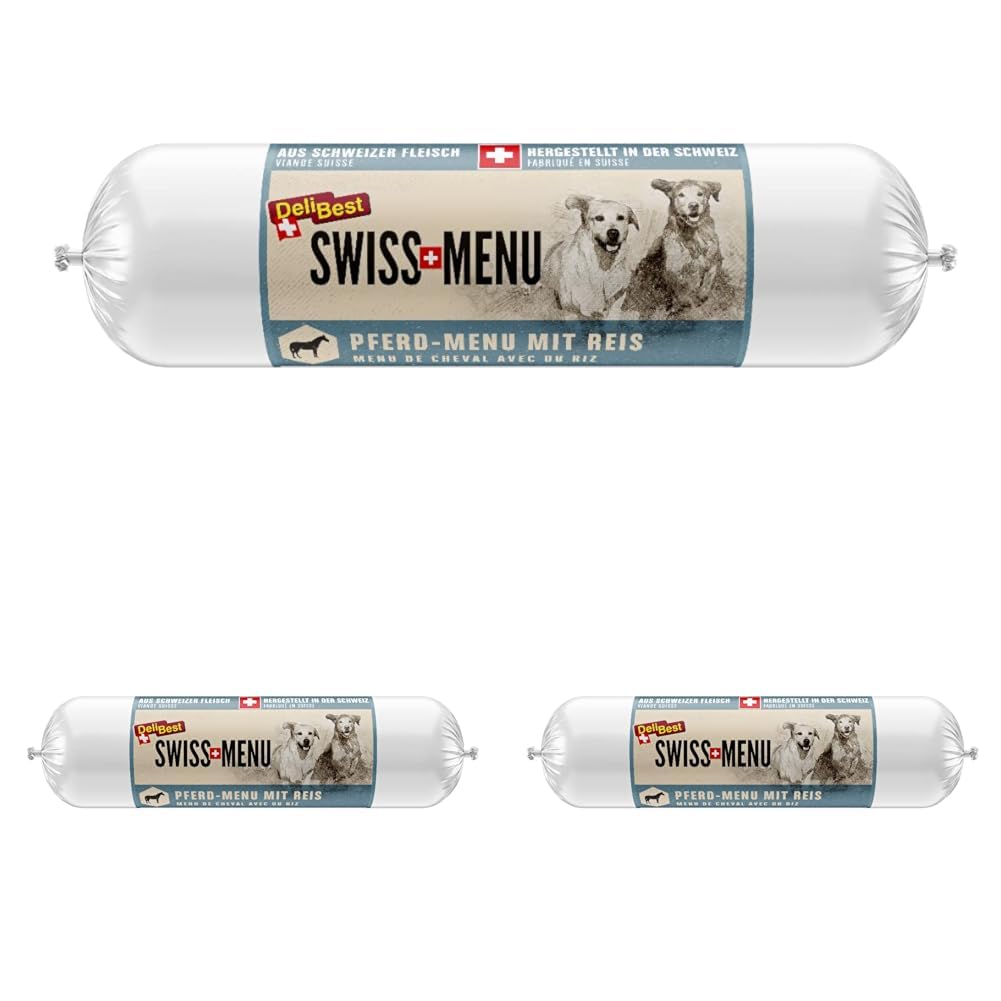 DeliBest Swiss MENU Pferd-Menu mit Reis I Nassfutter für Hunde aus 100% frischem Pferdefleisch I glutenfrei & ohne andere Zusätze I hochwertiges Hundefutter Adult I 400 g Hundewurst (Packung mit 3)