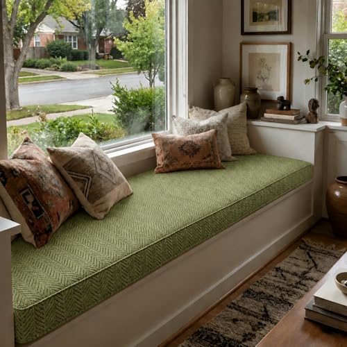 WUJUWUSHU Custom Size Bench Cushion for Indoor/Outdoor Furniture, Window Seat & Bay Window Cushion, Thick 75D High-Density Foam, Scratch-Resistant Fabric, Secure Non-Slip Bottom, Green