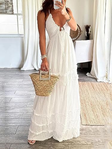 Image of Owl's-Yard Women Ruffle Spaghetti Strap Dress Sexy Backless Tiered Flowy Sundresses Boho Beach Long Dress Clubwear (G-02, L)
