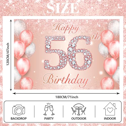 Image of Happy 56th Birthday Rose Gold Banner Cheers to 56 Years Old Backdrop Confetti Balloons Theme Decor for Women 56 Years Old Pink Birthday Party Decorations Bday Supplies Background Favors Gift Glitter