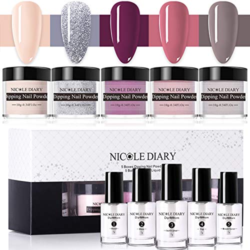 NICOLE DIARY Dip Nail Powder Kit 5 colores Dipping Nail Powder System Starter Kit Sistema de líquido de inmersión acrílico para French Nail Manicure Nail Art Set Kit esencial