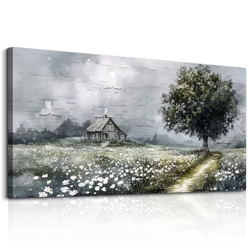 ERQINHUA Gray Large Canvas Wall Art For Living Room Farmhouse Wall Decor For Bedroom Office Mural Field scenery Paintings Tree Landscape Printed Artwork Wall Pictures Home Decorations art 24"X48"