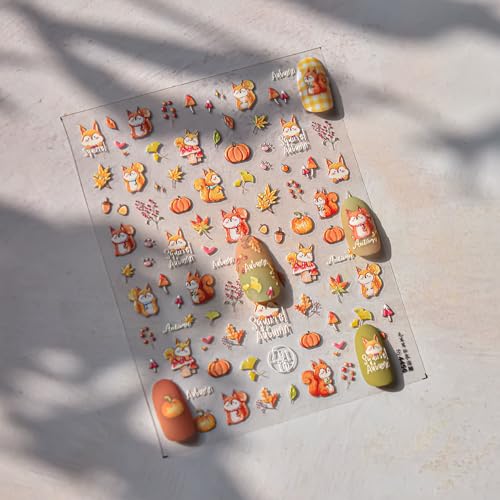 Image of Fall Nail Stickers Squirrel Nail Art Stickers Maple Leaf Nail Decals 5D Self Adhesive with Design Autumn Pumpkin Nails Art Decals Cute Nails Decoration for Women Girls Kid Manicure Charms Accessories