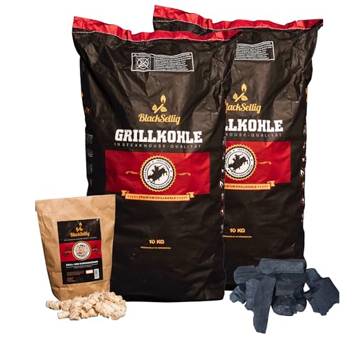 BlackSellig Steakhouse Grillkohle - Premium Quebracho Blanco Holzkohle | Lange Brenndauer | Hohe Hitze | Geringe Rauchentwicklung (20kg + 50 Anzünder)