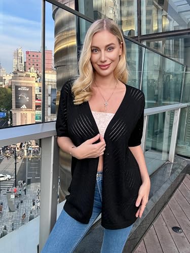 Image of Zeagoo Lightweight Summer Cardigan for Women Short Sleeve V Neck Crochet Kimonos Loose Open Front Hollow Out Cover Ups