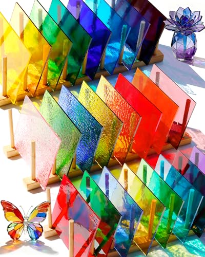 FIVEIZERO 24 Sheets Rainbow Transparent Stained Glass Sheets 4x6 Inch Mixed Color Stained Glass Supplies for Suncatchers Mosaic Crafts Fused Glass Supplies Window Art & DIY Projects