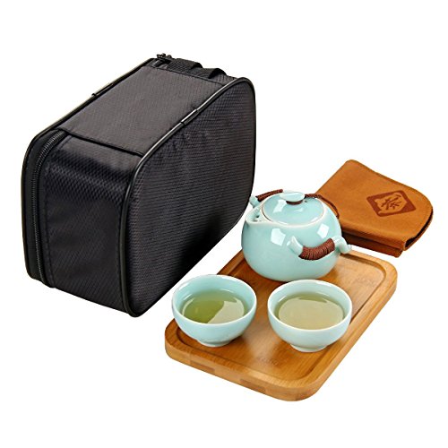 Tea Talent Chinese & Japanese Portable Travel Kungfu Tea Set - Porcelain Teapot & Teacups & Bamboo Tea Tray & Tea Towel With Handbag, Blue #TOP29