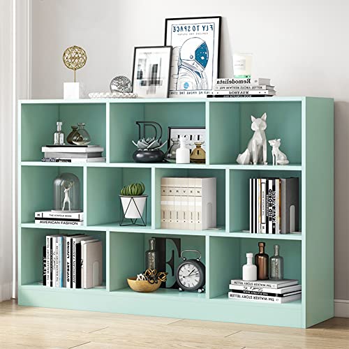 Image of IOTXY Open Shelf Low Bookcase - Wooden 3-Tier Cube Bookshelf, Tiffany-Green