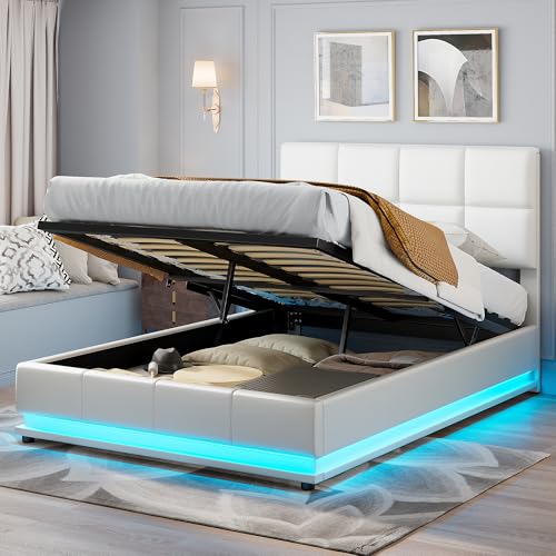 Cama tapizada de 140 x 190 cm, cama de almacenamiento hidráulica, cama funcional con espacio de almacenamiento y somier, cama juvenil LED, cama de almacenamiento, cama doble, PU, sin colchón, color