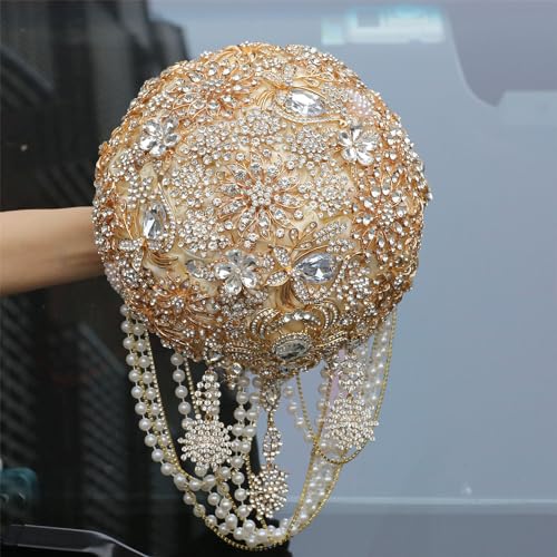 Image of MaxxCloud Luxury Gatsby-Inspired Vintage Wedding Golden Brooch Bouquets Handmade Sliver Bling Glam Wedding Bridal Bouquet