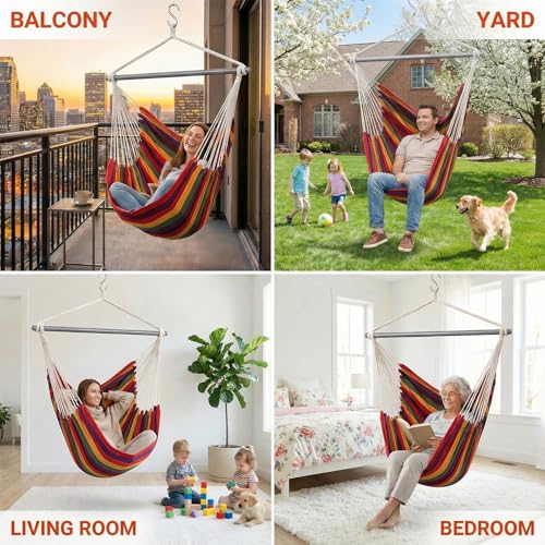 Image of ADVOKAIR Hammock Chair Swing, Heavy-Duty Hanging Rope Swing Seat Supports 500 Lbs, Ideal for Outdoor Patio, Backyard, Porch, Deck & Indoor Bedroom Use