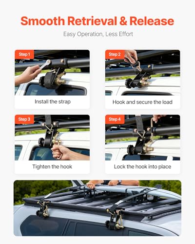 Image of VEVOR Ladder Rack Ratchet Straps, 2'' Black Round Tube Mount, 1.5'' Wide x 7.5' Long Black Ladder Rack Straps with Double J-Hooks, 500 lbs Load Heavy Duty, Cargo Buckle Lock Strap (4 Pack)