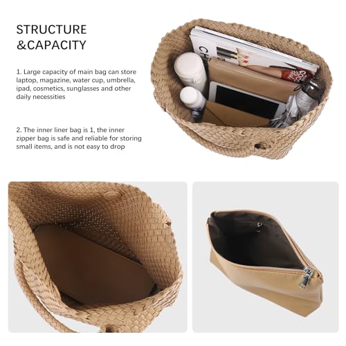 Image of Woven Tote Bag Womens Purse Vegan Leather Shoulder Handbags Fashion Summer Beach Tote Bags Large Travel Totes