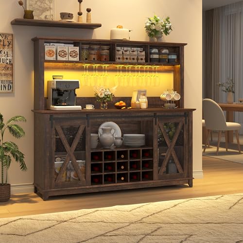 Image of 63 inchWide 58 inchH Farmhouse Coffee Bar Cabinet with Power Outlet and LED Light,Wine Bar Cabinet w / 4 Storage Hutch,Kitchen Buffet Cabinet with 15 Wine and Glass Racks for Kitchen Dining Room(Brown)