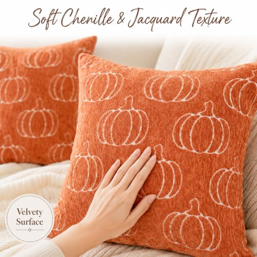 Image of Fall Pumpkin Chenille Pillow Covers, Autumn Decor(Orange,18x18) | Double-sided pumpkin and plaid designs, thick chenille texture, hidden zipper, for couch, sofa, bed, farmhouse autumn decor