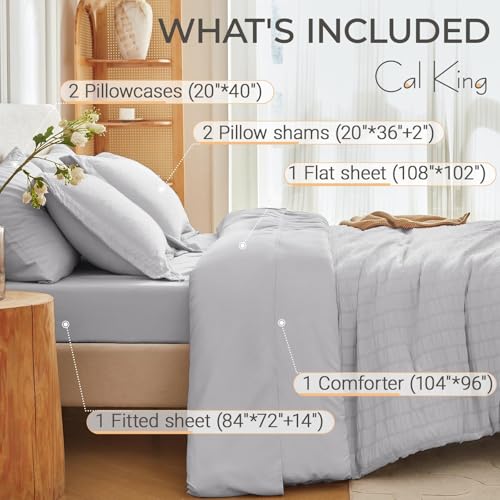 Image of MUXHOMO 7 Pieces California King Comforter Set, Seersucker Bed in a Bag Cal King Size, All Season Luxury Bedding Set with Comforter, Flat Sheet, Fitted Sheet, Pillowcases & Shams, Light Grey
