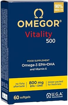 OMEGOR  Vitality 500 with 90% Omega-3 TG! IFOS 5-Star Certified Since 2006. EPA 535mg and DHA 268mg per 2 Capsules. Minimum 90% Triglyceride Structure and Molecular Distillation | 60 Capsules