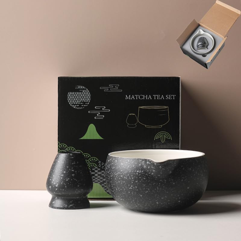 Qxeutm Matcha Set 7-teiliges Premium Matcha Tea Set mit Matcha Schale mit Ausgießer & Bambus-Chasen (100+ spitzen), Halter, Löffel, Sieb, Sacktuch, Komplettes ceremonial Matcha Starter Set (black)