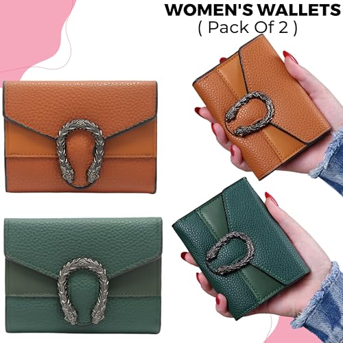 Image of Kraptick Women s Wallet Stylish Compact Purse Clutch with Card & Coin Holder Debit Card Organizer, Travel Wallet & Money Organizer for Women with 8 Card Slots (Brown & Green) (Combo of 2)