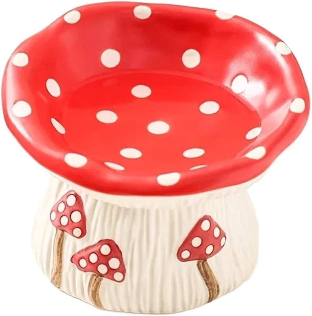 Cute Mushroom Elevated Ceramic Cat Bowl - Wide Shallow Feeder for Kittens and Cats(Slow Feeder)