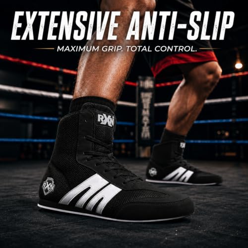 Image of RXN Gold Medal Boxing Shoes for Men | Lightweight High Top Boxing Boots with Anti-Slip Non-Marking Rubber Sole | Breathable Mesh Upper | Training, Sparring & Competition Boxing Shoes