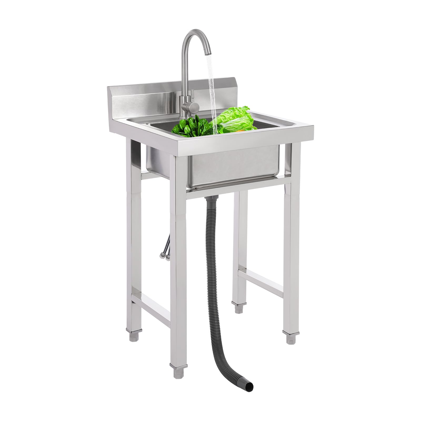 Fregadero independiente, fregadero de acero inoxidable comercial, lavabo individual con grifo, fregadero con soporte de tubo cuadrado para exteriores, garaje, restaurante, cocina, lavadero, 50x50x93cm