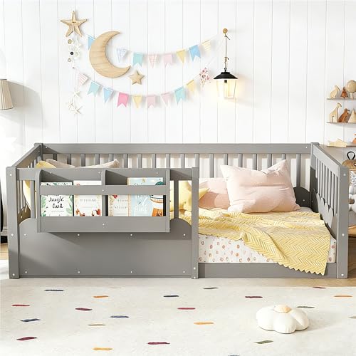 Image of Bellemave Twin Size Kids Montessori Floor Bed,Solid Wood Floor Bed Frame with Bookshelf and High Fence for Kids,Girls,Boys,Gray