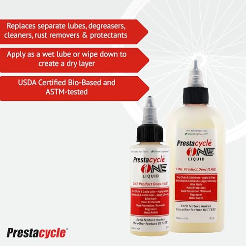 Image of Prestacycle One Liquid, Bike Chain Lubricant and Cleaner, All-in-One Bicycle Lube, Degreaser, Paint Protectant, Metal Polish & Rust Remover, Without Alcohol or Petroleum