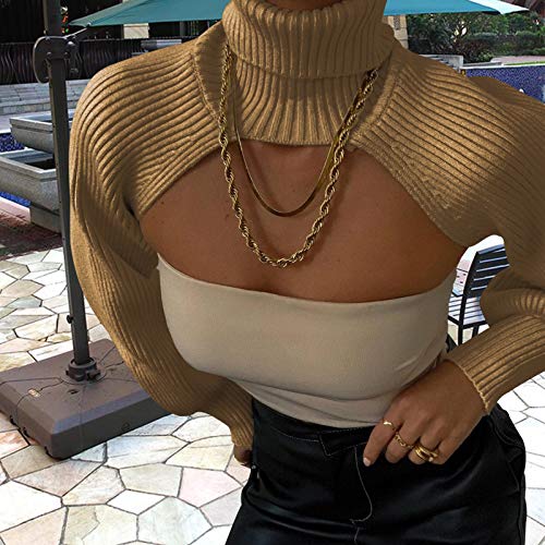 Image of High Collar Long Puff Sleeve Sweater Knitwear Solid Color Pullover Crop Top Ultra Short Turtleneck Sweatshirt