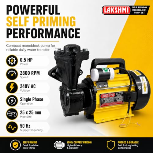 Image of LAKSHMI 0.5 HP Self Priming Monoblock Water Pump | Single Phase 240V | 2800 RPM | 25 x 25 mm | Head 6-30 m | 900-2400 LPH | Domestic Water Supply Pump