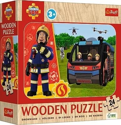 Trefl - Wooden Puzzle: Fireman Sam, Amazing Firefighter - 24 Elements, Wooden Puzzle, Rounded Edge, Decorative Pattern on the Reverse, for Children from 3 years old