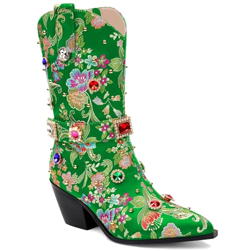 Image of LOCERICH Women Rhinestone Cowboy Sparkly Cowgirl Boots Diamond Western Floral Embroidery Mid Calf Booties