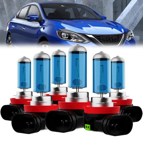 Image of Headlight Bulbs Compatible With Nissan Sentra 2013-2020, H11 High Beam + H11 Low Beam + H11 Fog Lights Halogen Light Bulb, Super Bright 6000K White, Plug and Play, Pack of 6