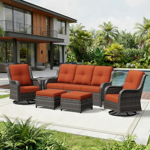 Image of Joyside 6 Piece Wicker Patio Furniture Set, Outdoor Swivel Rocker Patio Chairs with High Back, Deep Seating, Wide Armrest, Thickened Cushions, Outdoor Furniture for Deck, Porch Use