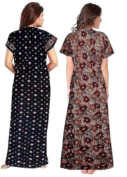Image of NILOUFO Women's Cotton Printed Maxi Nighty - Pack of 2 | Soft Ankle-Length Sleepwear Gowns for Women | Free Size Night Dresses (Blue,Brown, Free Size)
