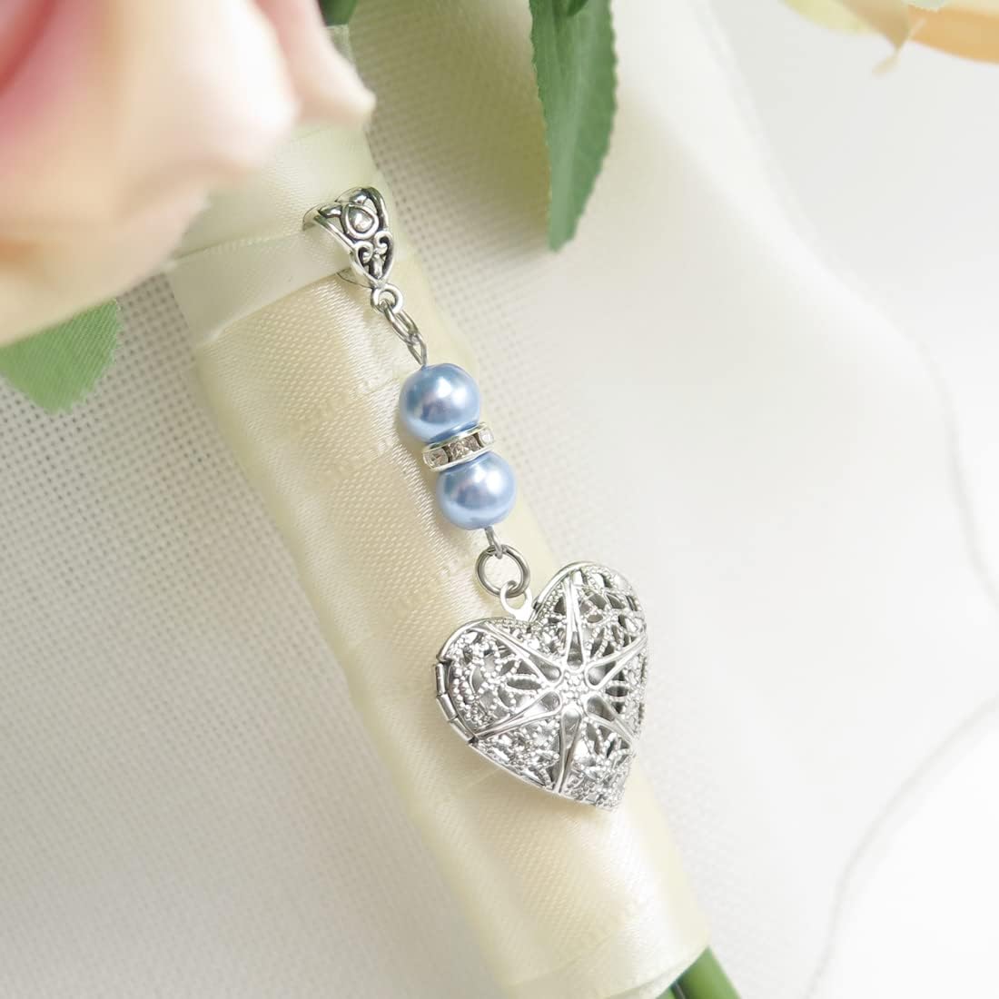 Miniatura 3 de IDLAN Medallón para ramo, ramo conmemorativo, regalo conmemorativo, boda, novia, colgante de foto, recuerdo algo, azul