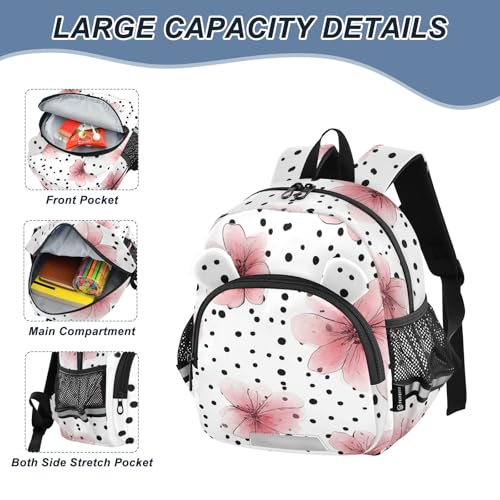 Kid's Backpack for Boys & Girls Toddler Bag Pink Flower Polka Dot Pattern Backpack with Safety Leash4